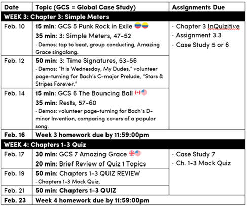 Table of a class schedule. More description below.