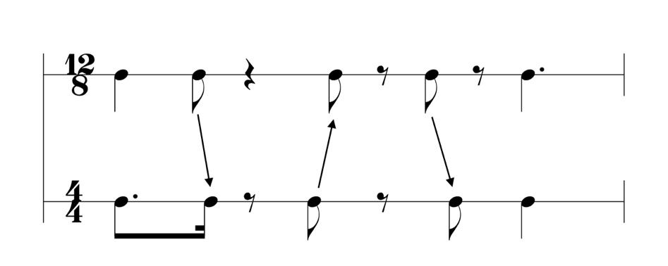 Musical notation. Top line has a time signature of 12/8. Bottom line has a time signaure of 4/4. More description below.