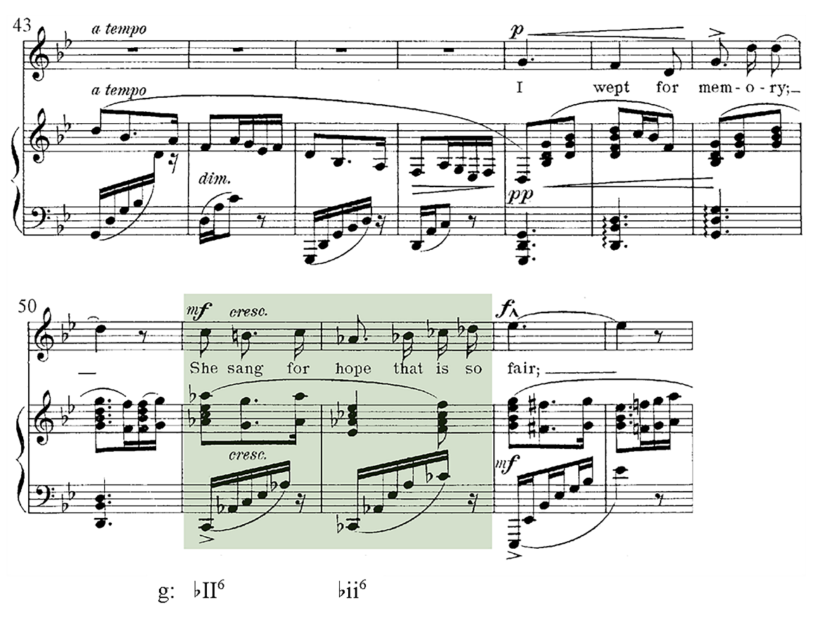 Excerpt from Samuel Coleridge-Taylor's "She Sat and Sang Alway." Major and minor Neapolitan-sixth chords are highlighted on the score.