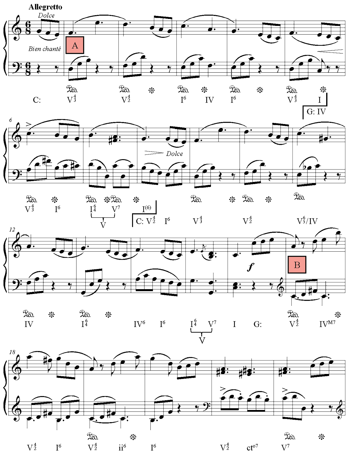 Analyzed score for Cécile Chaminade’s “Idylle.” Roman numerals and large sections of form (ABA) are marked on the score.
