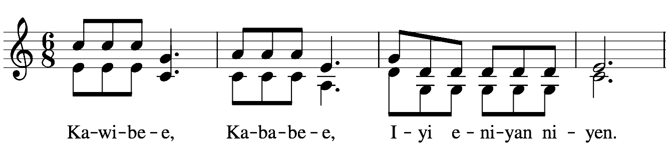 Phrase set to a harmony written on a musical staff. More description below.